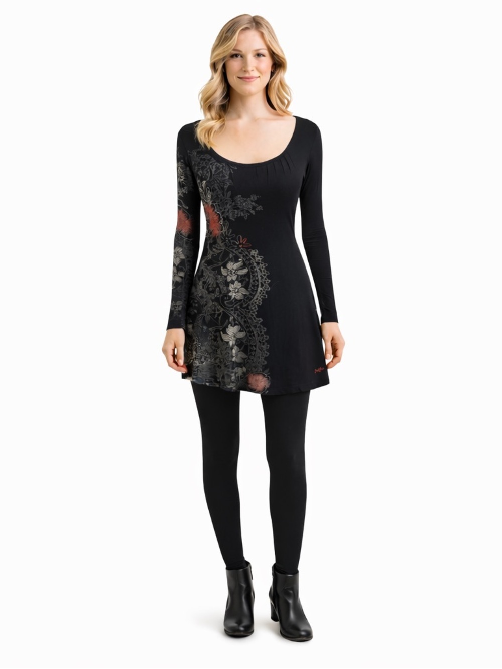 Desigual Black Floral Tunic Sheer Embroidery Back U Neckline Long Sleeve Sz M